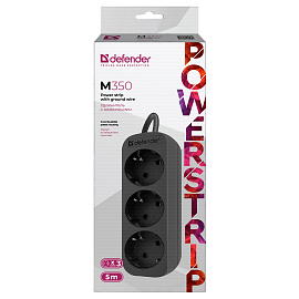 Удлинитель Defender M350, 3 розетки, с заземлением, 5м, черный фото Удлинитель Defender M350, 3 розетки, с заземлением, 5м, черный