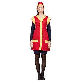 Фартук-сарафан для торговли Солнышко красный/желтый с пилоткой фото Фартук-сарафан для торговли Солнышко красный/желтый с пилоткой