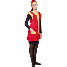 Фартук-сарафан для торговли Солнышко красный/желтый с пилоткой фото Фартук-сарафан для торговли Солнышко красный/желтый с пилоткой