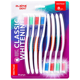 Зубная щетка жесткая CLASSIC WHITENING, безопасное отбеливание, КОМПЛЕКТ 8 шт., LAIMA DENT, 609315