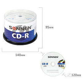 Диск CD-R SONNEN 700 Mb 52x Cake Box (упаковка на шпиле), КОМПЛЕКТ 50 шт., 512570