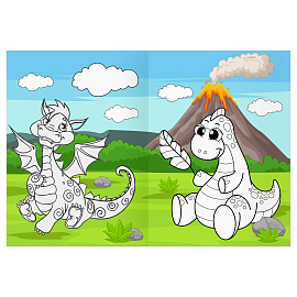 Раскраска с цв. фоном А4, 16 стр., ТРИ СОВЫ "Динозавры и драконы