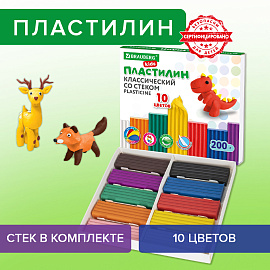 Пластилин классический BRAUBERG KIDS, 10 цветов, 200 г, со стеком, 106504 фото Пластилин классический BRAUBERG KIDS, 10 цветов, 200 г, со стеком, 106504