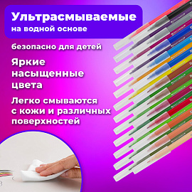 Фломастеры BRAUBERG "PREMIUM", 24 цвета, УЛЬТРАСМЫВАЕМЫЕ, классические, вентилируемый колпачок, картонная коробка с европодвесом, 151940