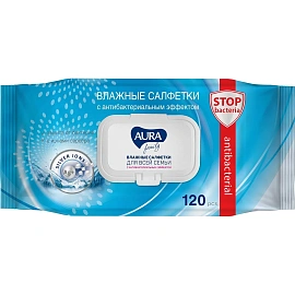 Салфетки влажные Aura Family антибактериальные флоупак с жёстким клапаном (120 листов в пачке)