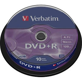 Диск DVD+R Verbatim 4.7 ГБ 16x cake box 43498 (10 штук в упаковке)