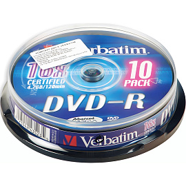 Диск DVD-R Verbatim 4.7 ГБ 16x cake box 43523 (10 штук в упаковке)
