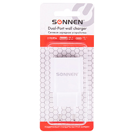 Зарядное устройство быстрое сетевое (220 В) SONNEN, USB QC 3.0 + Type-C PD 20 Вт, 3 А, белое, 455505
