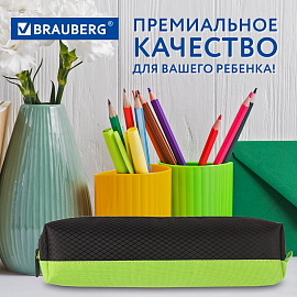 Пенал-косметичка BRAUBERG, мягкий, "Black&Bright", черно-зеленый, 21х5х5 см, 229005