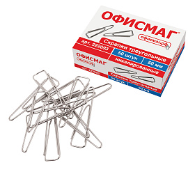 Скрепки большие 50 мм, ОФИСМАГ, никелированные, треугольные, 50 шт., в картонной коробке, 222093 фото Скрепки большие 50 мм, ОФИСМАГ, никелированные, треугольные, 50 шт., в картонной коробке, 222093