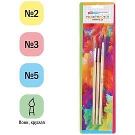 Набор кистей ArtSpace 3шт., пони, круглые, № 2, 3, 5, блистер