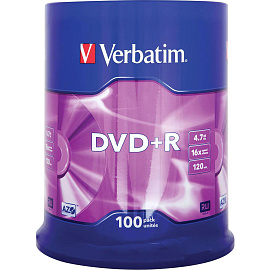 Диск DVD+R Verbatim 4.7 ГБ 16x cake box 43551 (100 штук в упаковке)