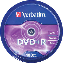 Диск DVD+R Verbatim 4.7 ГБ 16x cake box 43551 (100 штук в упаковке)