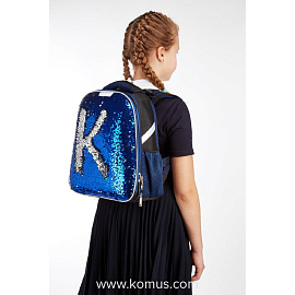 Ранец Комус Класс (№1 School) Sparkle Blue анатомический синий пайетки двусторонние с двумя отделениями
