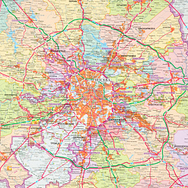 Карта Москвы и Московской области территориально-административная 1:280 000 настенная 143x102 см с ламинацией