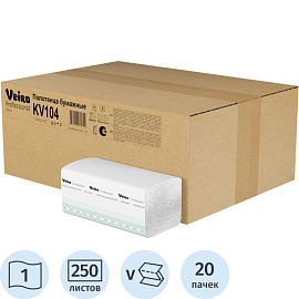 Полотенца бумажные листовые Veiro Professional H3 V-сложение (ZZ) 1-слойные белые 20 пачек по 250 листов (KV104)