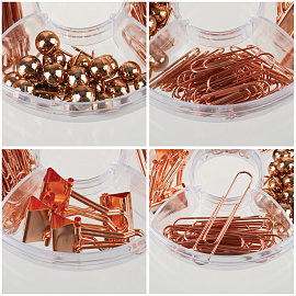 Набор канцелярский Meshu Rose Gold 4 отделения (зажимы для бумаг 19 мм, скрепки канцелярские 28 мм, скрепки канцелярские 50 мм, силовые кнопки)