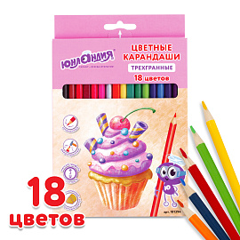Карандаши цветные ЮНЛАНДИЯ "СЛАДКИЕ ИСТОРИИ", 18 цветов, трехгранные, грифель 3 мм, натуральное дерево, 181394