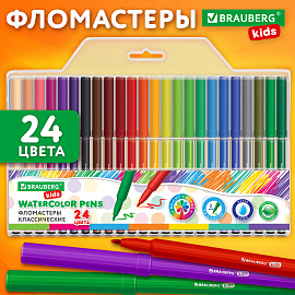 Фломастеры BRAUBERG KIDS КЛАССИЧЕСКИЕ 24 цвета, вентилируемый колпачок, ПВХ-упаковка, 152602