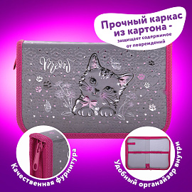 Пенал ЮНЛАНДИЯ, 1 отделение, металлизированный картон, конгрев, 19х11 см, "Meow", 271103