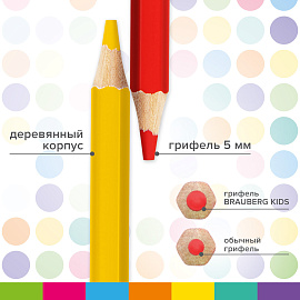 Карандаши цветные утолщенные BRAUBERG KIDS, 6 цветов, шестигранные, грифель 5 мм, натуральное дерево, 181877