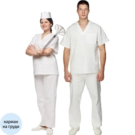 Костюм пекаря у05-КБР (КР) белый бязь с коротким рукавом и карманом (142 г/кв.м, размер 56-58, рост 170-176) фото Костюм пекаря у05-КБР (КР) белый бязь с коротким рукавом и карманом (142 г/кв.м, размер 56-58, рост 170-176)