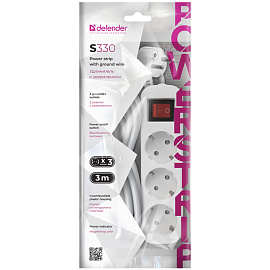 Удлинитель сетевой DEFENDER S330, 3 розетки, c заземлением, выключатель, 10А, длина 3 м, белый, 99234 фото Удлинитель сетевой DEFENDER S330, 3 розетки, c заземлением, выключатель, 10А, длина 3 м, белый, 99234