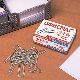 Скрепки большие 50 мм, ОФИСМАГ, никелированные, треугольные, 50 шт., в картонной коробке, 222093 фото Скрепки большие 50 мм, ОФИСМАГ, никелированные, треугольные, 50 шт., в картонной коробке, 222093