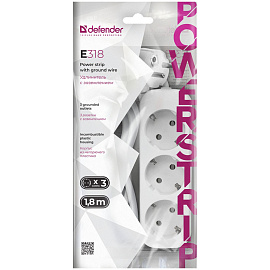 Удлинитель Defender E318, 3 розетки, с заземлением, 1,8м, белый фото Удлинитель Defender E318, 3 розетки, с заземлением, 1,8м, белый