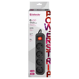 Удлинитель сетевой DEFENDER G450, 4 розетки, c заземлением, выключатель, 10А, длина 5 м, черный, 99339 фото Удлинитель сетевой DEFENDER G450, 4 розетки, c заземлением, выключатель, 10А, длина 5 м, черный, 99339