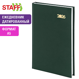 Ежедневник датированный 2026 145х215 мм, А5, STAFF, обложка бумвинил, зелёный, 117308