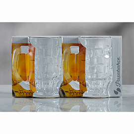 Кружка для пива с ручкой, 500 мл, КОМПЛЕКТ 2 штуки, фактурное стекло, PASABAHCE "ПАБ", фирменная подарочная упаковка, 55289