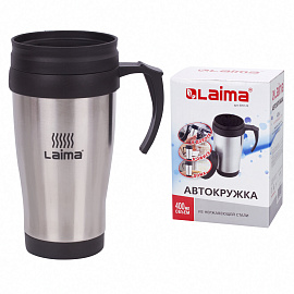 Автокружка 400 мл, термостакан с ручкой, винтовая крышка-клапан, пластик/сталь, серебро, LAIMA, 605126