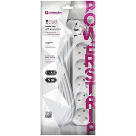 Удлинитель Defender E550, 5 розеток, с заземлением, 5м, белый фото Удлинитель Defender E550, 5 розеток, с заземлением, 5м, белый