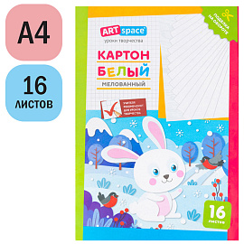 Картон белый А4, ArtSpace, 16л., мелованный, в папке, "Зайчик