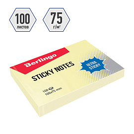 Самоклеящийся блок Berlingo "Ultra Sticky", 100*75мм, 100л., пастель, желтый