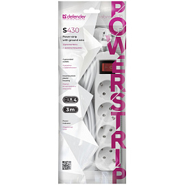 Удлинитель Defender S430, 4 розетки, с заземлением, выключатель, 3м, белый фото Удлинитель Defender S430, 4 розетки, с заземлением, выключатель, 3м, белый