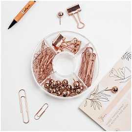 Набор канцелярский Meshu Rose Gold 4 отделения (зажимы для бумаг 19 мм, скрепки канцелярские 28 мм, скрепки канцелярские 50 мм, силовые кнопки)