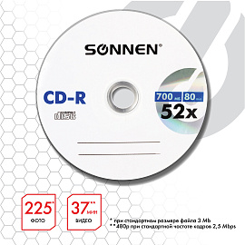 Диск CD-R SONNEN 700 Mb 52x Bulk (термоусадка без шпиля), КОМПЛЕКТ 50 шт., 512571