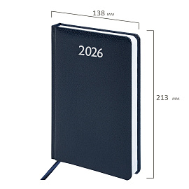 Ежедневник датированный 2026, А5, 138x213 мм, BRAUBERG "Profile", балакрон, синий, 117073