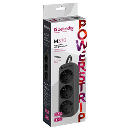Удлинитель Defender M330, 3 розетки, с заземлением, 3м, черный фото Удлинитель Defender M330, 3 розетки, с заземлением, 3м, черный