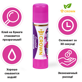 Клей-карандаш Crown "Indicator", 15г, с цветным индикатором, ПВП