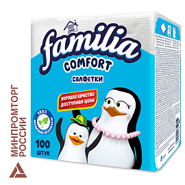 Салфетки бумажные 100 шт., 24x23 см, FAMILIA, белые, 100% целлюлоза, 5080553