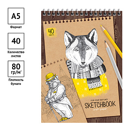 Скетчбук 40л., А5 ArtSpace "Craft style", на гребне, крафт, 80г/м2