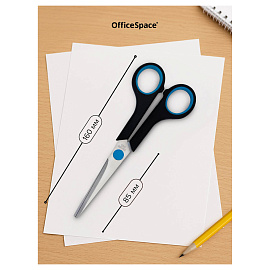 Ножницы OfficeSpace 16см, черные с синими вставками, ПВХ чехол с европодвесом фото Ножницы OfficeSpace 16см, черные с синими вставками, ПВХ чехол с европодвесом