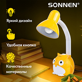 Настольная лампа / светильник SONNEN OU-603, на подставке, цоколь Е27, "Сова", желтый, 236673