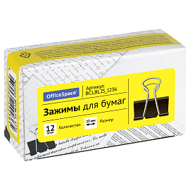 Зажимы для бумаг 25мм, OfficeSpace, 12шт., черные, картонная коробка