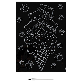 Гравюра с мультицветной основой ТРИ СОВЫ "Котомороженое", А4 фото Гравюра с мультицветной основой ТРИ СОВЫ "Котомороженое", А4