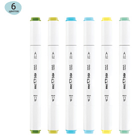 Набор двусторонних маркеров для скетчинга MESHU 06цв., морские цвета, корпус трехгранный, пулевид./клиновид.наконечники, ПВХ-бокс