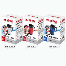 Автокружка 400 мл, термостакан с ручкой, винтовая крышка-клапан, пластик/сталь, красная, LAIMA, 605127